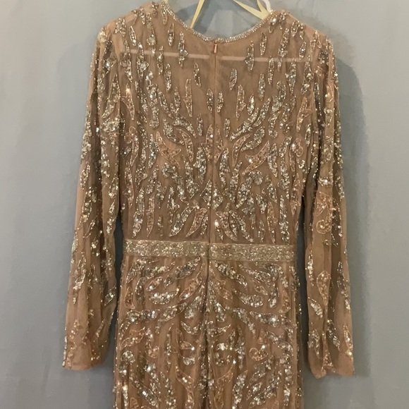 Mac Duggal - Beige Beaded Long Sleeve Evening Gown - Picture 10 of 11